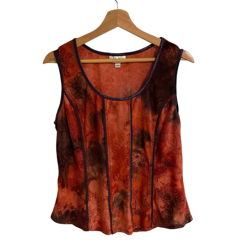 Dressbarn Y2K orange hippie Vintage mesh velvet burnout floral sleeveless Top L